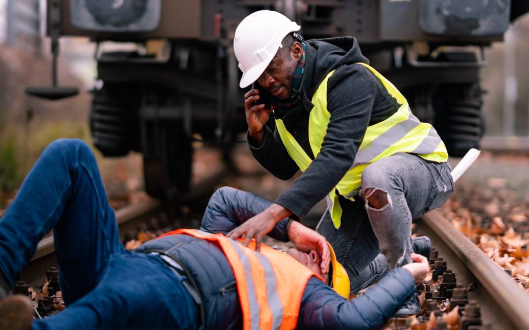 Railroad engineer injured in an accident at work. Railroad engineer injured in an accident at work on the railway tracks. Coworker calling for help